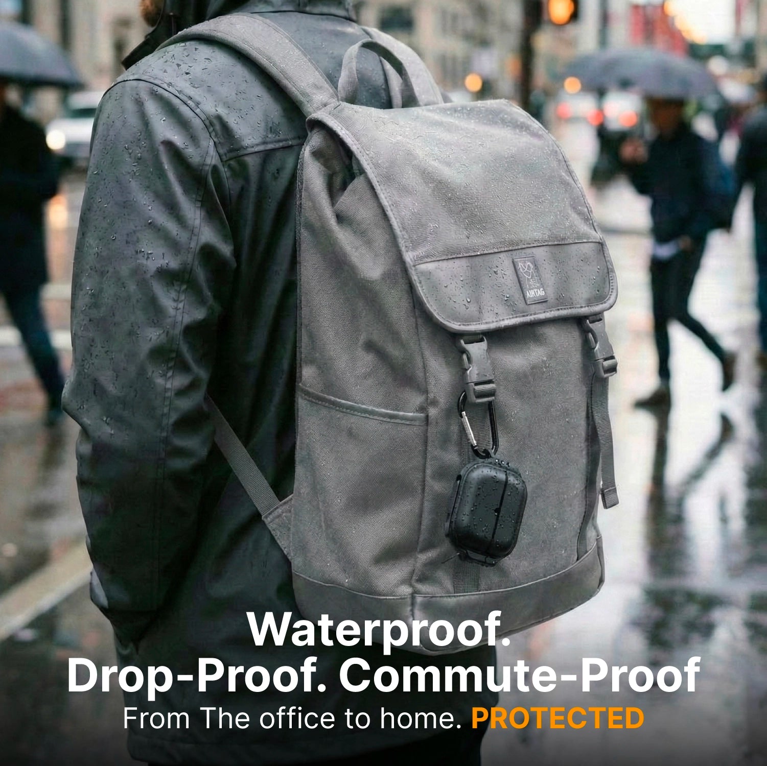 A commuter in a rain jacket carries a grey backpack with water droplets, featuring the Catalyst Case US AirPods Pro 3 - 100M Waterproof Total Protection Case + Carabiner. Text below: "Waterproof. Drop-Proof. Commute-Proof. Protected.