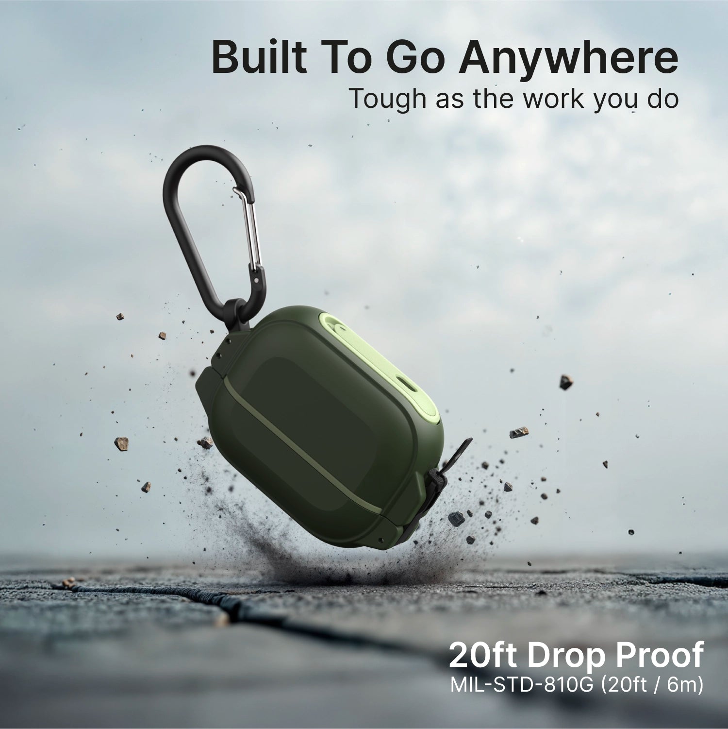 The Catalyst Case US AirPods Pro 3 - 100M Waterproof Total Protection Case + Carabiner is shown falling on cracked pavement, highlighting military-grade 20ft drop protection. Text: “Built To Go Anywhere. Tough as the work you do.”.