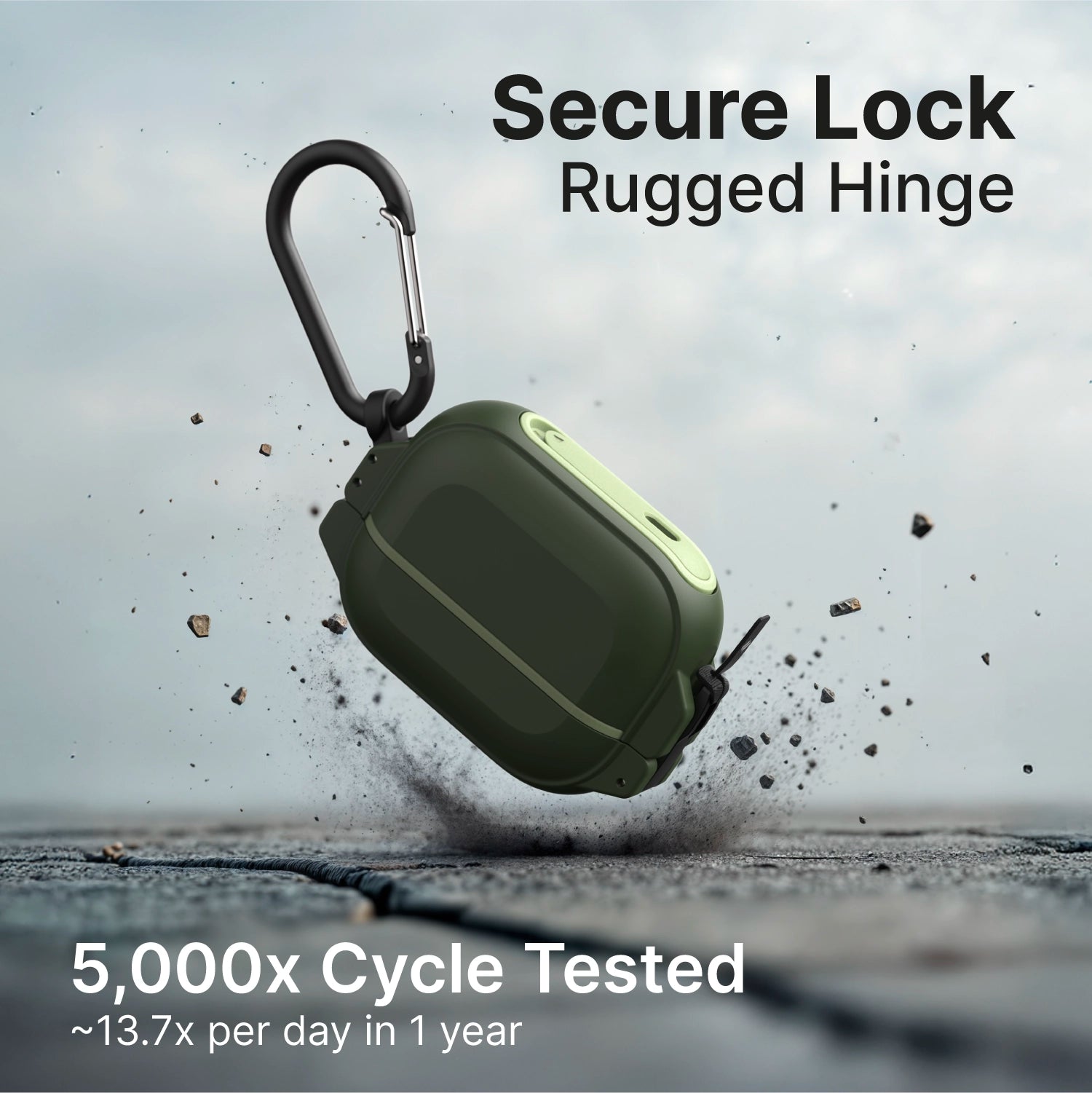 The Catalyst Case US AirPods Pro 3 - 100M Waterproof Total Protection Case + Carabiner in green is shown above concrete, highlighting its secure lock, rugged hinge, military-grade drop protection, and MagSafe compatibility.