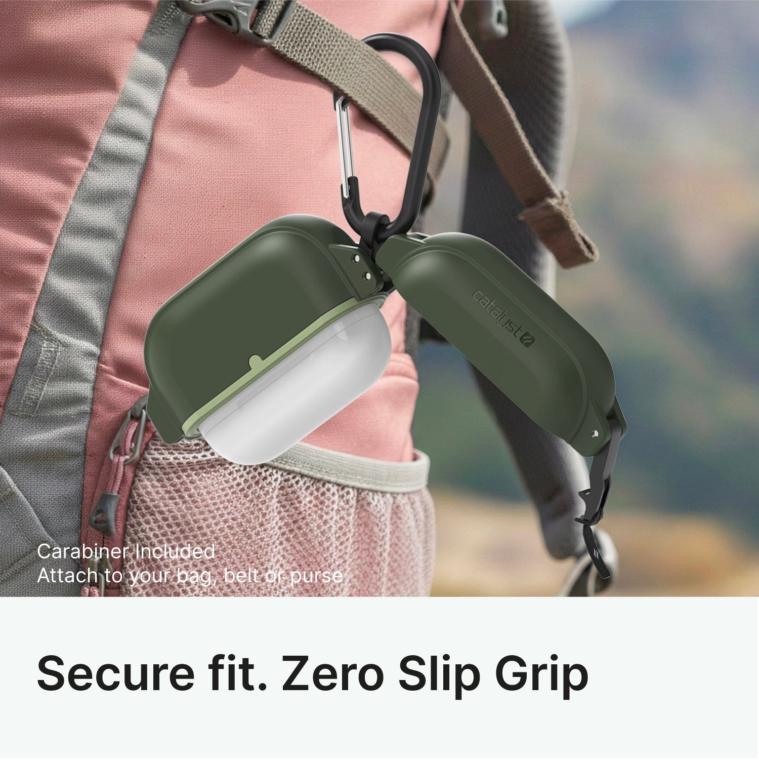 A Catalyst Case US AirPods Pro 3 - 100M Waterproof Total Protection Case holds earbuds, clipped to a pink backpack with the included black carabiner. White text reads: "Carabiner included. Attach anywhere" and "Secure fit. Zero Slip Grip.