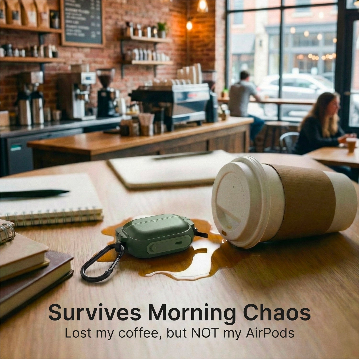 A coffee cup spills on a café table as notebooks and a pen lie near a green Catalyst Case US AirPods Pro 3 - 100M Waterproof Total Protection Case + Carabiner. Text: "Survives Morning Chaos. Lost my coffee, but NOT my AirPods.