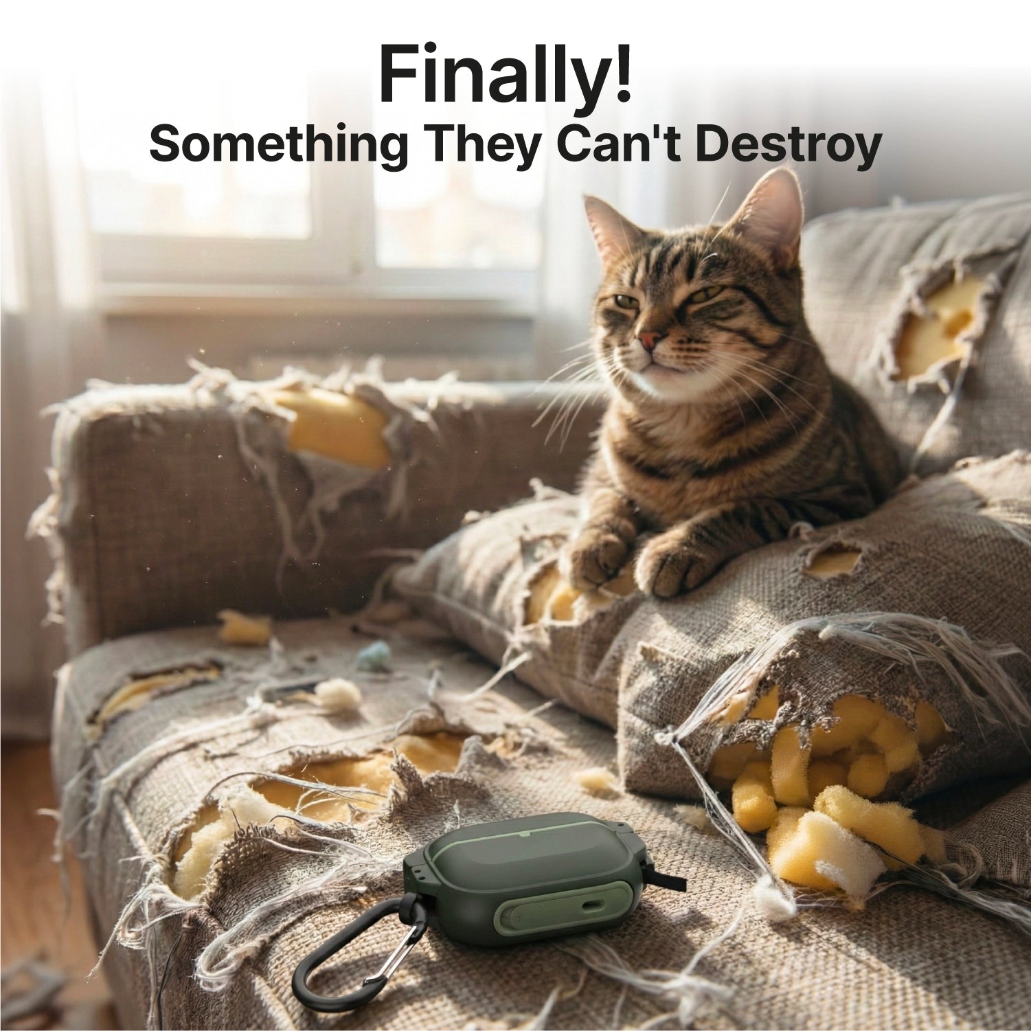 A tabby cat perches on a shredded couch, foam exposed. In front: an undamaged Catalyst Case US AirPods Pro 3 - 100M Waterproof Total Protection Case + Carabiner. Above, text reads, “Finally! Something They Can’t Destroy.” Sunlight glows through the window.