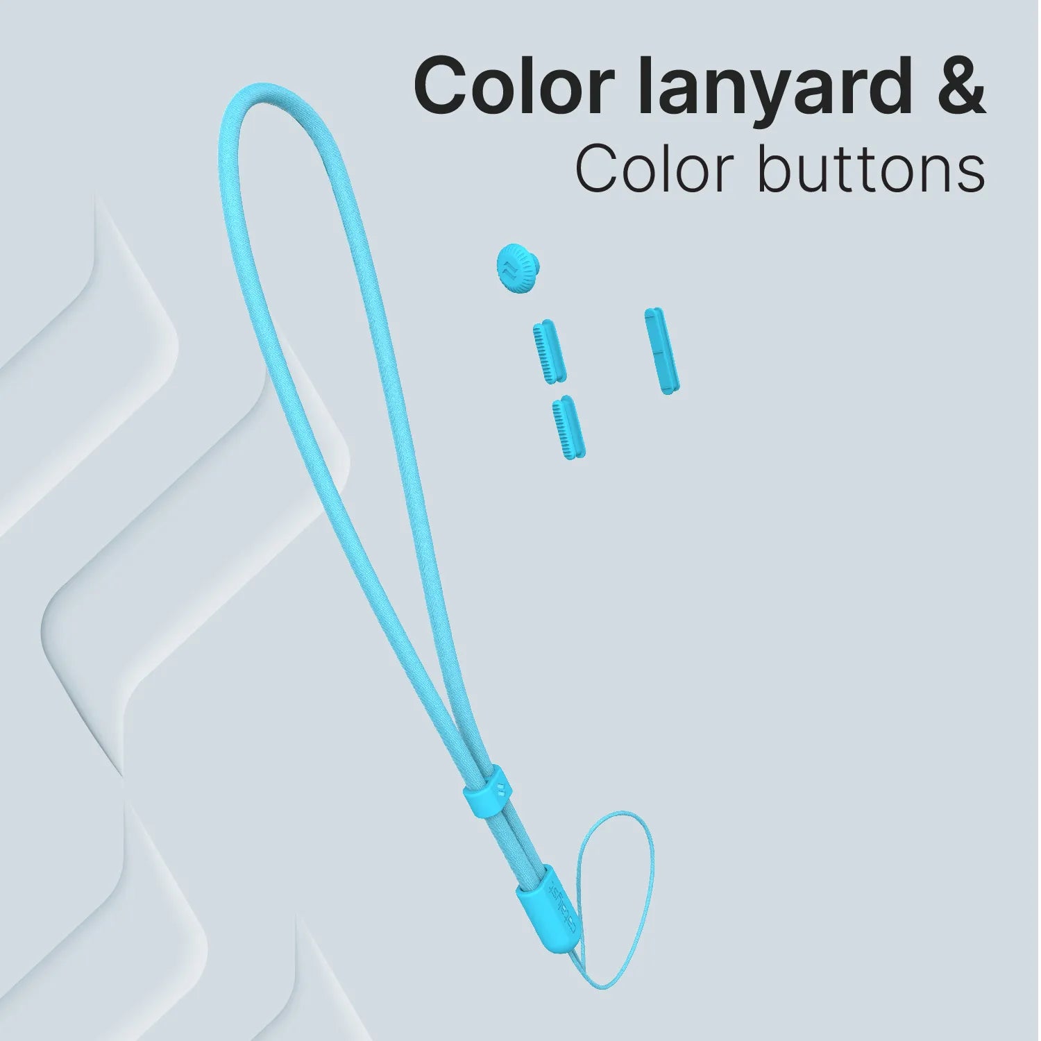 The Catalyst Case US "Colored Lanyard & Buttons" set in vibrant blue is shown on a light background with abstract white shapes, with both items neatly arranged to highlight their matching color. Text: "Color lanyard & Color buttons.