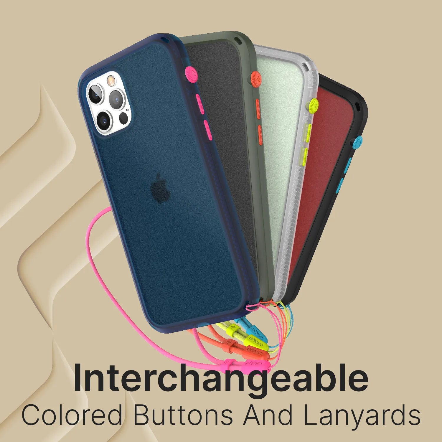 Four Catalyst Case US iPhones in navy, black, green, and red cases with matching lanyards and colorful interchangeable side buttons are fanned out on a beige background. Text: "Colored Lanyard & Buttons—Interchangeable Options.