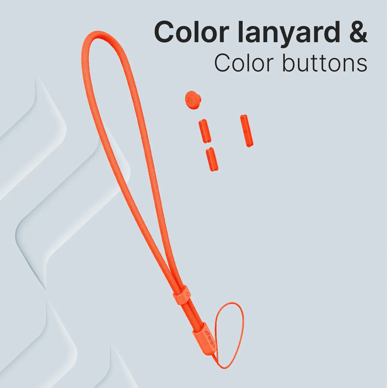 A Colored Lanyard & Buttons from Catalyst Case US is shown on a light blue background, with matching orange lanyard and buttons. "Colored Lanyard & Buttons" appears in black at the upper right, with abstract white shapes on the left.