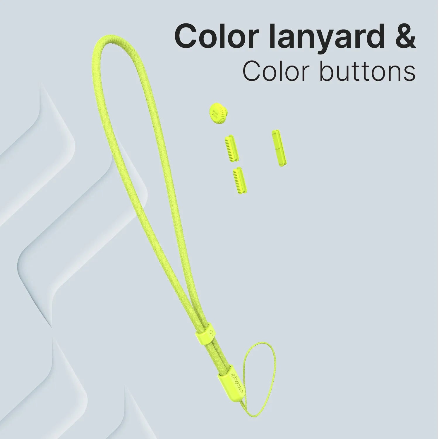 A Catalyst Case US Colored Lanyard & Buttons set in neon yellow with matching small cylindrical and round buttons is displayed on a pale blue background with abstract shapes. Text reads "Colored Lanyard & Buttons" in bold and regular font.