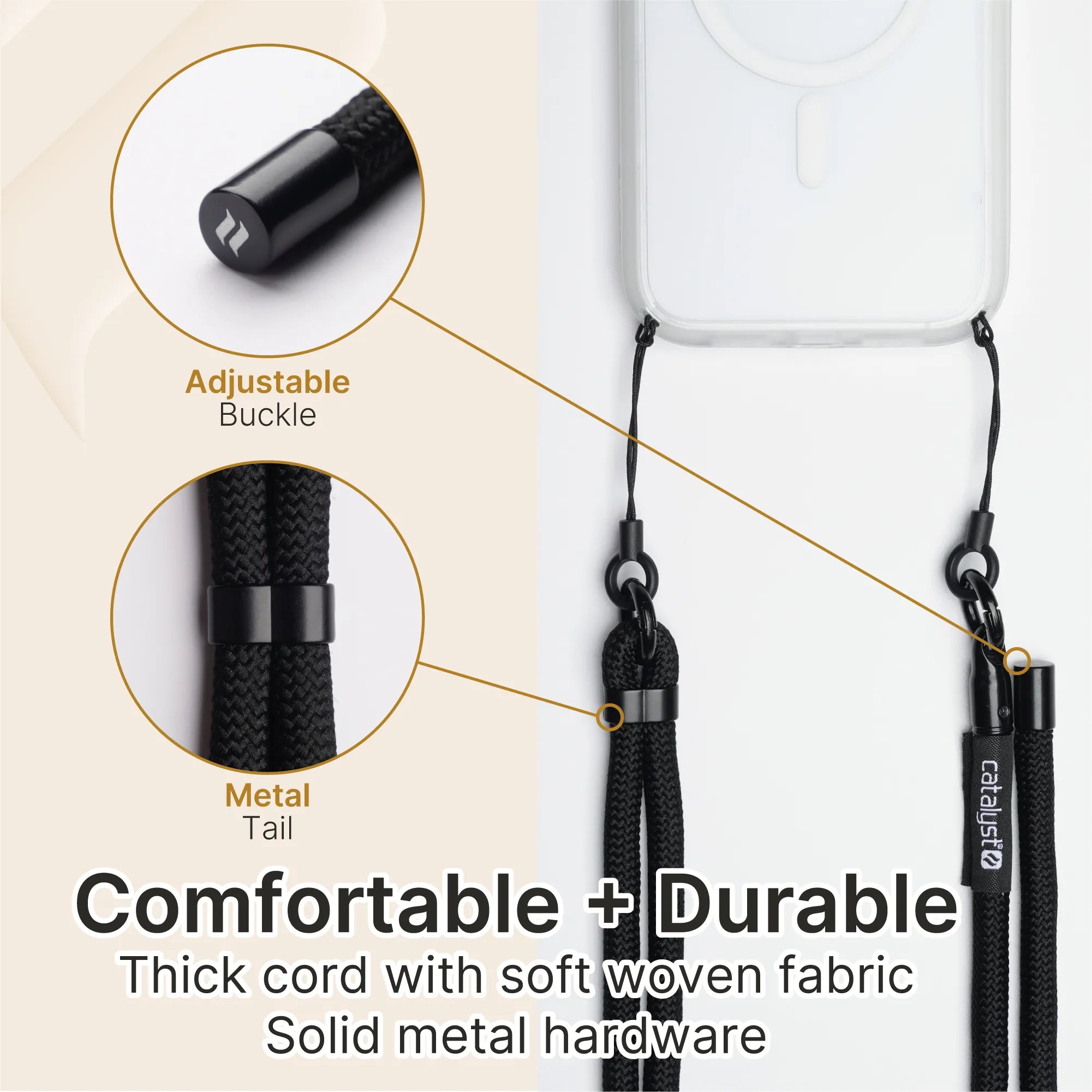 A close-up of a black Catalyst Case US Crossbody Shoulder Strap on a clear phone case showcases the adjustable buckle and metal tail. Text: "Comfortable + Durable. Thick cord, soft woven fabric, solid metal hardware.
