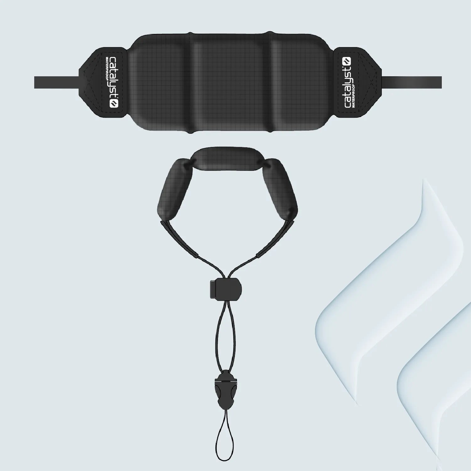 A Catalyst Case US Floating Lanyard in Stealth Black is shown from top and front views on a light grey background. It features adjustable, soft segmented padding, a secure clip and lanyard, and translucent white geometric accents.