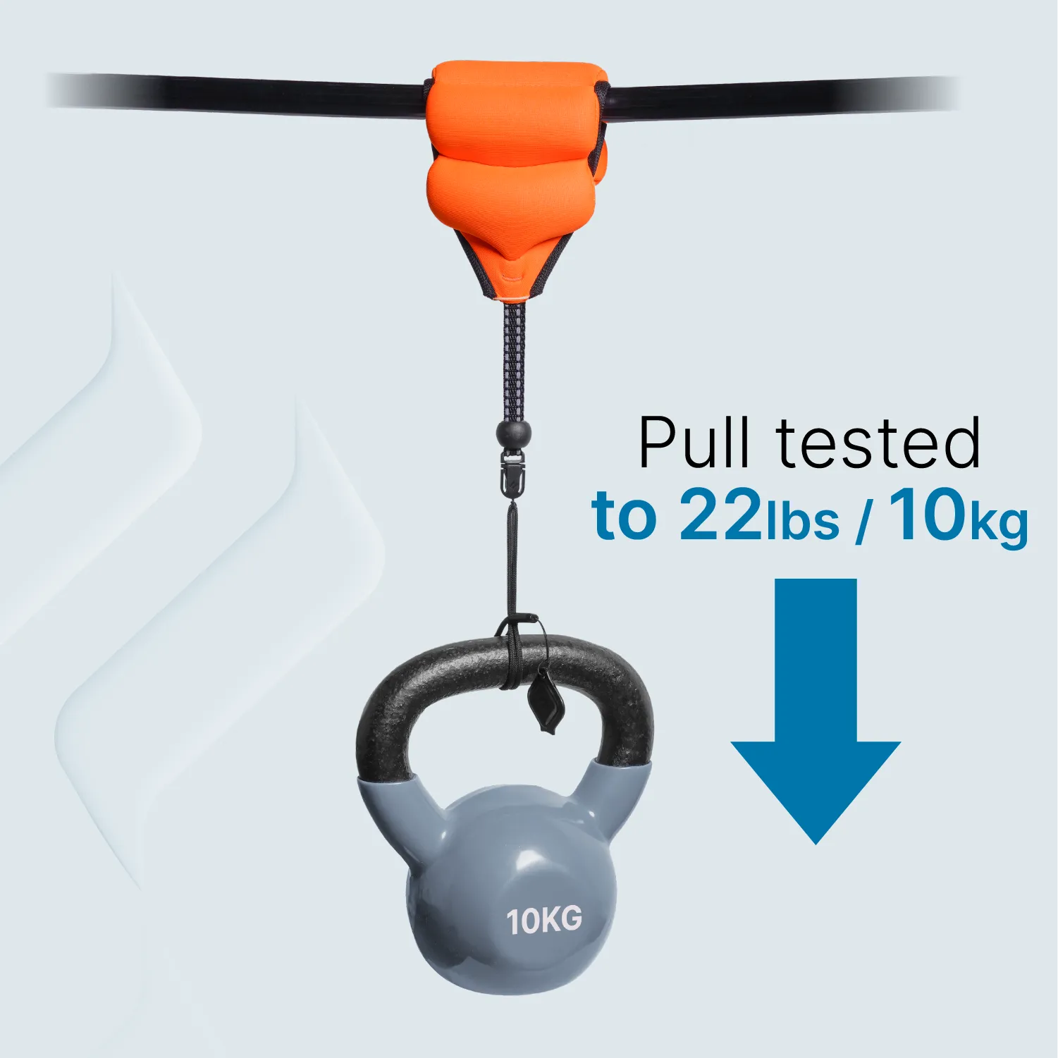 An orange Floating Wrist Lanyard by Catalyst Case US with a black clip holds a gray 10kg kettlebell from a black cord. Text reads "Pull tested to 22lbs / 10kg" with a blue downward arrow, showing the lanyard and clip's strength capacity.