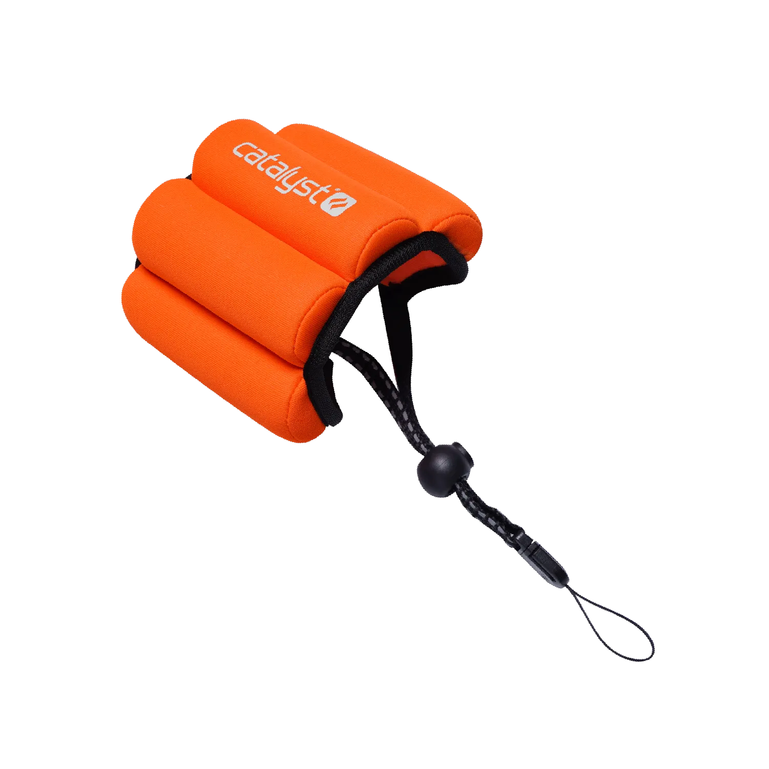 The Catalyst Case US Floating Wrist Lanyard is a bright orange foam strap with three curved sections, a black adjustable cord and toggle, and features the white “catalyst†logo. It’s designed to keep your devices afloat in water.