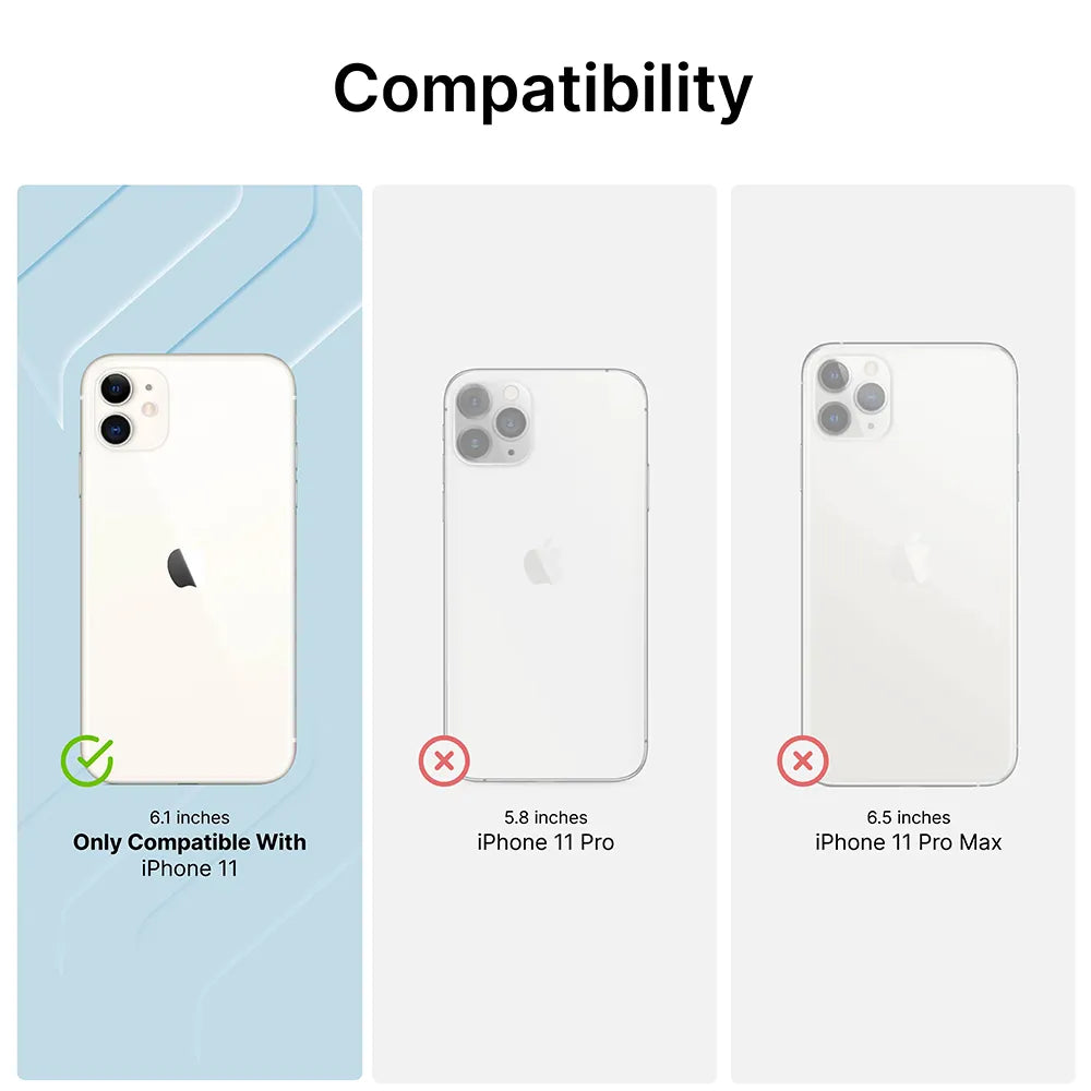 Image showing three iPhones by size: 6.1-inch iPhone 11 (green check, labeled "Only Compatible With iPhone 11"), 5.8-inch Pro and 6.5-inch Pro Max (red X). For Catalyst Case US: iPhone 11 - Impact Protection Case compatibility.