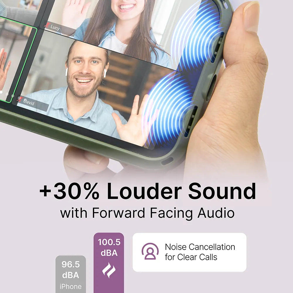 A hand holds an iPhone 12 / 12 Pro in the Catalyst Influence Case on a video call with three people smiling. Blue sound waves show +30% louder, forward-facing audio and “Noise Cancellation for Clear Calls.”.