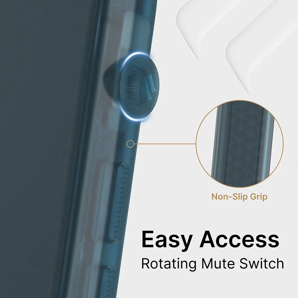 Close-up of Catalyst Case US Influence Case for iPhone 12/12 Pro featuring a rotating mute switch (highlighted) and an inset of its non-slip grip. Text: “Easy Access Rotating Mute Switch” and “Non-Slip Grip.” Light, minimal background.