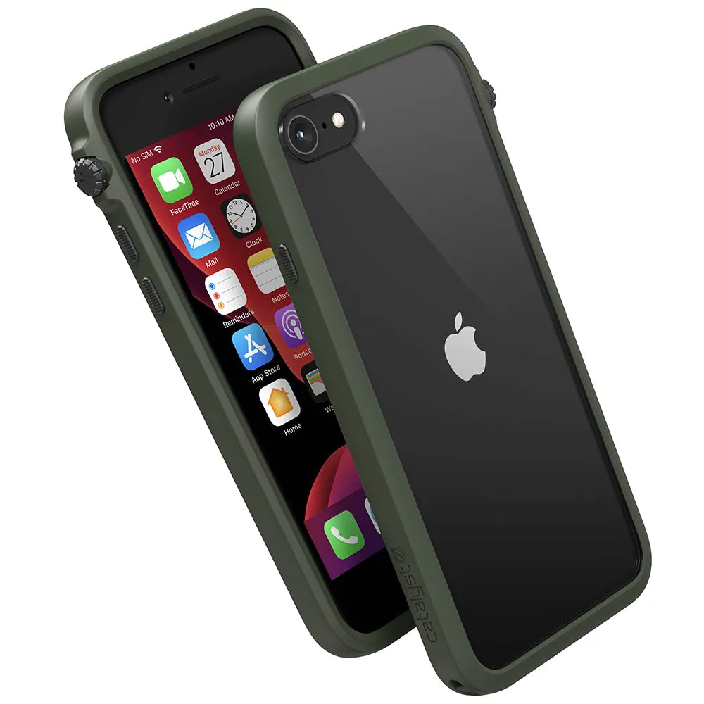 Two iPhone SE (Gen 3/2) devices are shown in Catalyst Case US Drop Proof Cases, featuring reinforced military green edges and a transparent back. One displays the home screen while the other reveals the black Apple logo.
