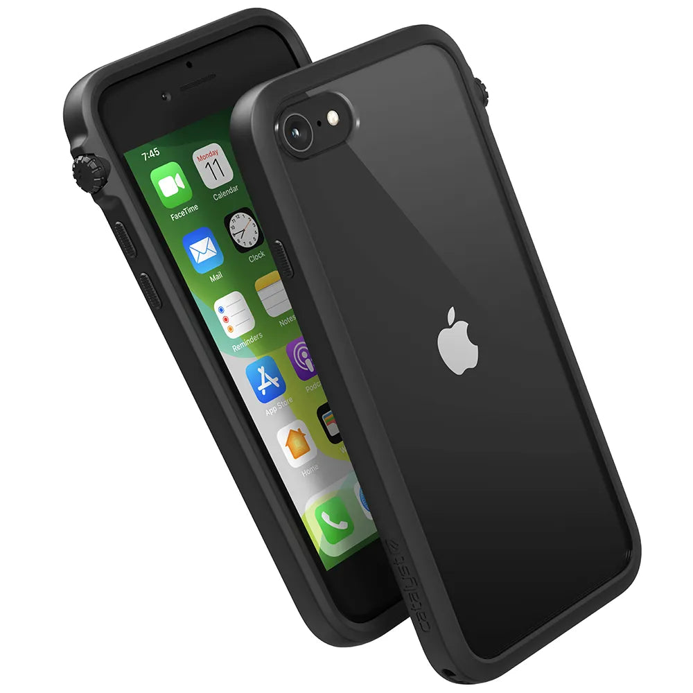 Two iPhone SE (Gen 3/2) phones in Catalyst Case US Drop Proof Cases are shown: one displays the home screen, the other shows the Apple logo. Both rugged black cases feature reinforced edges and textured sides for enhanced grip and protection.