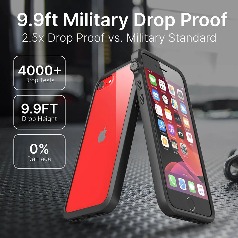 Two iPhone SE (Gen 3/2) smartphones in red, protected by Catalyst Case US Drop Proof Cases, stand back-to-back. Cases feature 9.9ft military drop protection, tested in 4000+ drops with 0% damage. Phones display vibrant home screens.