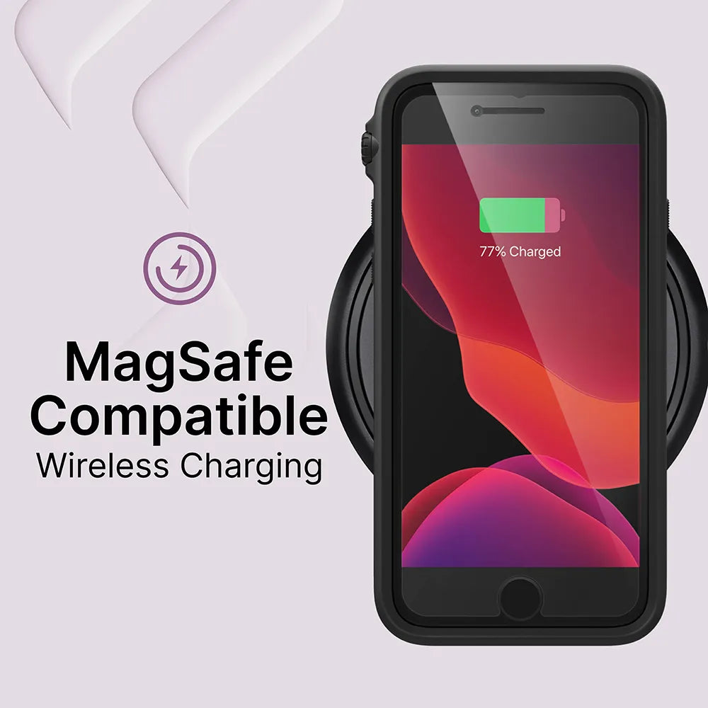 An iPhone SE (Gen 3/2) in a black Catalyst Case US Drop Proof Case wirelessly charges, showing a 77% battery icon. To the left, text reads "MagSafe Compatible Wireless Charging" with a circular charging symbol above on a light gray abstract background.