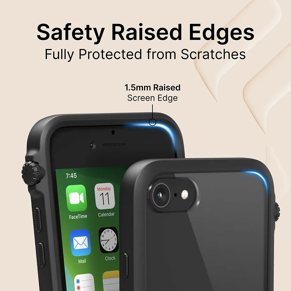 Two iPhone SE (Gen 3/2) phones in Catalyst Case US Drop Proof Cases are shown. The rugged black case has 1.5mm raised edges for screen protection. Text: "Safety Raised Edges, Fully Protected from Scratches." Beige geometric background.