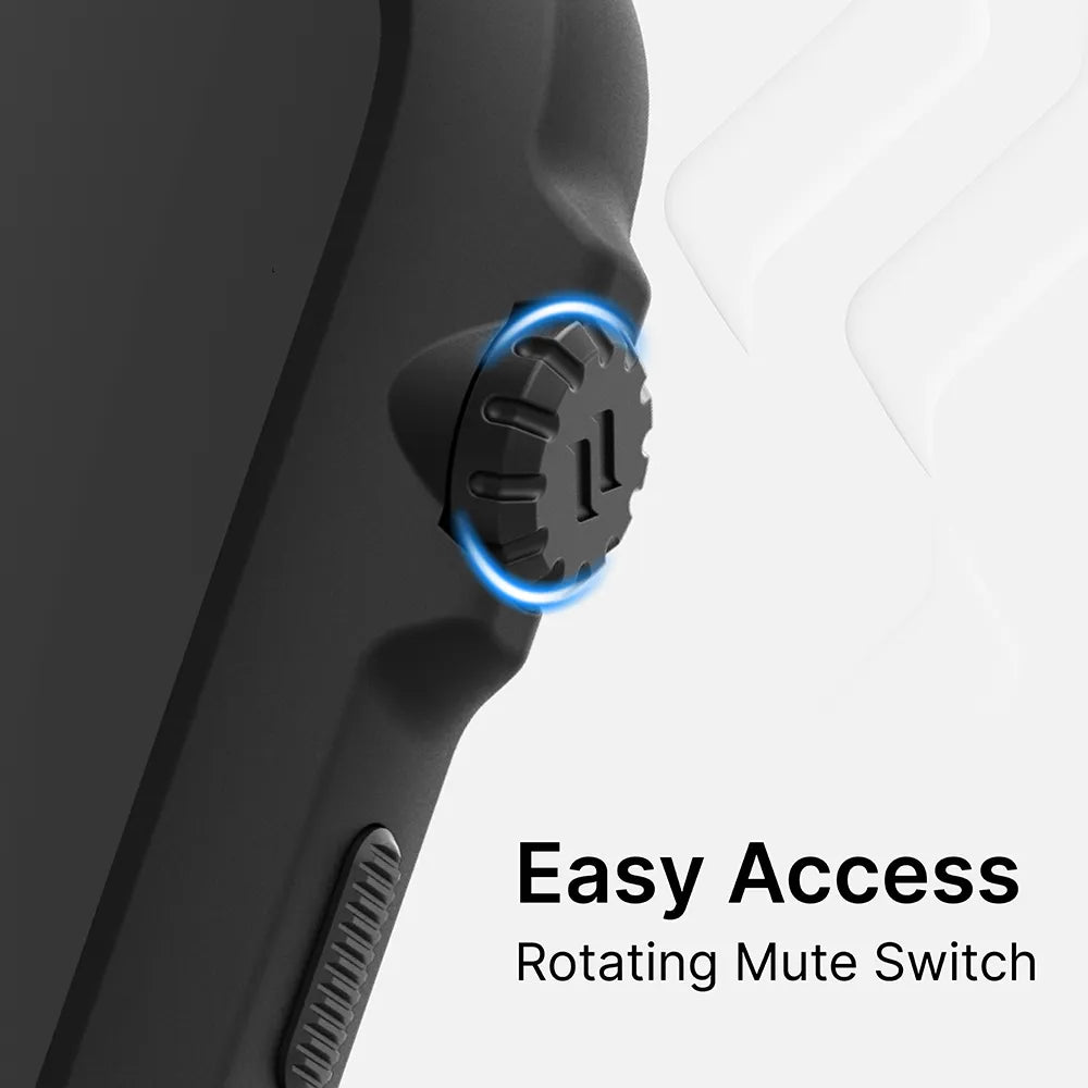 Close-up of Catalyst Case US Drop Proof Case for iPhone SE (Gen 3/2) in black, featuring a blue-accented rotating mute switch. Text reads "Easy Access Rotating Mute Switch." The sturdy case has a textured grip area below the switch.