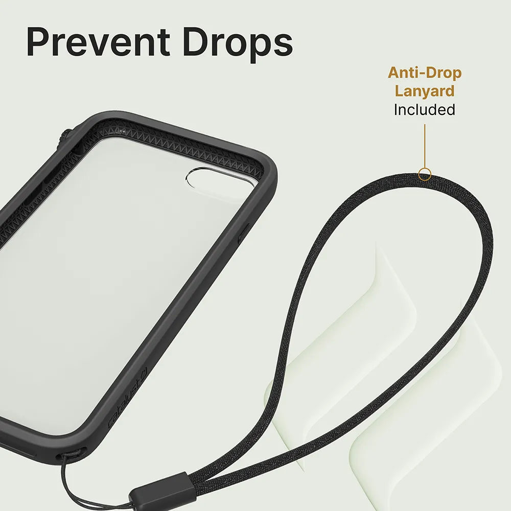 The Catalyst Case US iPhone SE (Gen 3/2) - Drop Proof Case is shown with a black anti-drop lanyard. "Prevent Drops" appears at the top left and "Anti-Drop Lanyard Included" near the lanyard, highlighting its secure grip features.