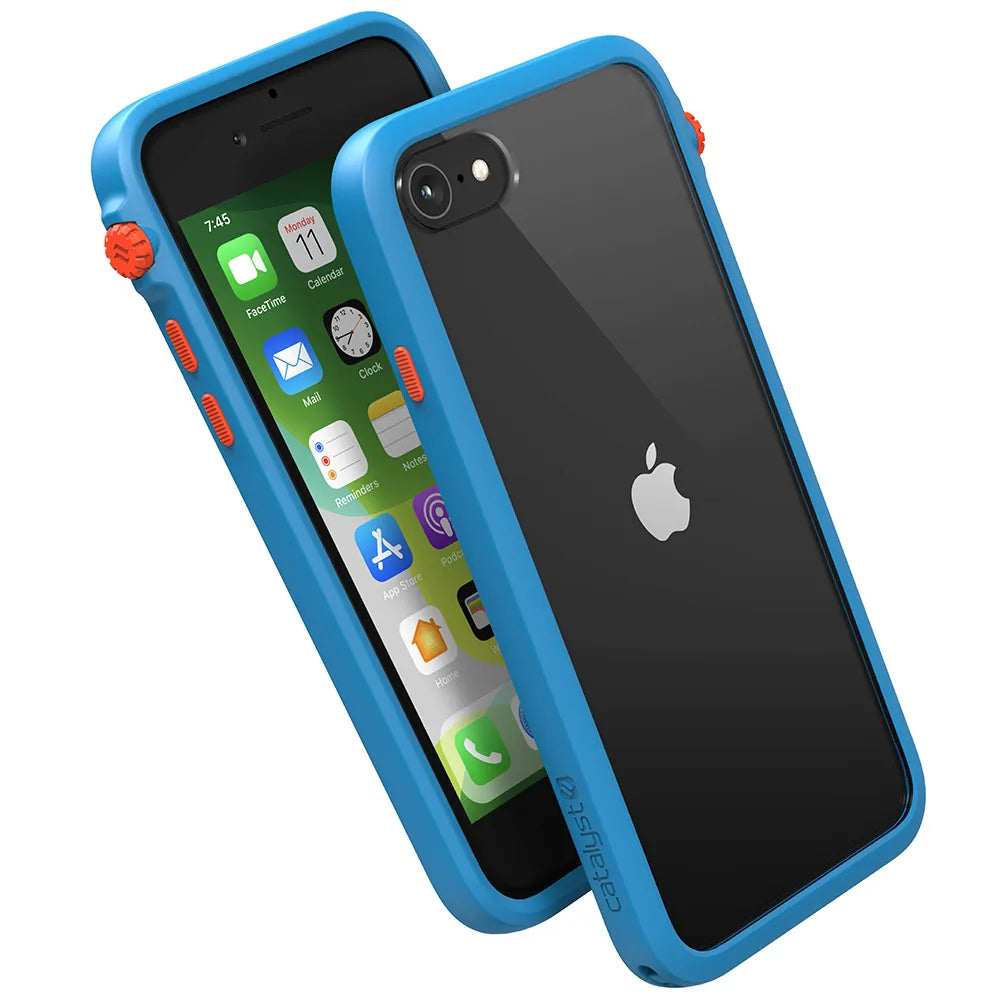 Two iPhone SE (Gen 3/2) phones in blue Catalyst Case US Drop Proof Cases are shown: one displays the screen with app icons, the other shows the back and Apple logo. The cases have red accents and a clear back to highlight the phone’s design.