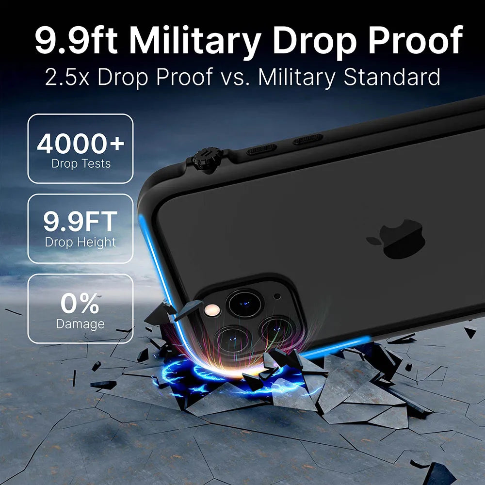 The Catalyst Case US iPhone 11 Pro Max Impact Protection Case in black shields your phone from drops on rough surfaces, featuring bold “9.9ft Military Drop Proof” and “2.5x Drop Proof vs. Military Standards” claims with eye-catching blue accents for impact resistance.