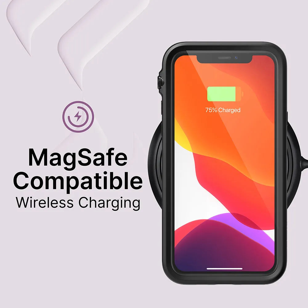 A Catalyst Case US iPhone 11 Pro Max in a black, impact-resistant case charges wirelessly, showing a green battery icon at "75% Charged." Left text reads "MagSafe Compatible Wireless Charging" on a light purple background.