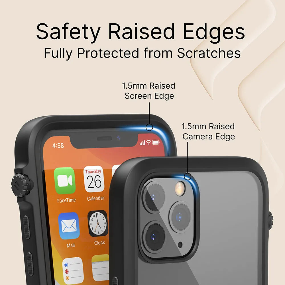 The Catalyst Case US iPhone 11 Pro Max Impact Protection Case features 1.5mm raised edges for scratch protection and meets military standards, offering impact resistance and drop-proof defense against everyday accidents.