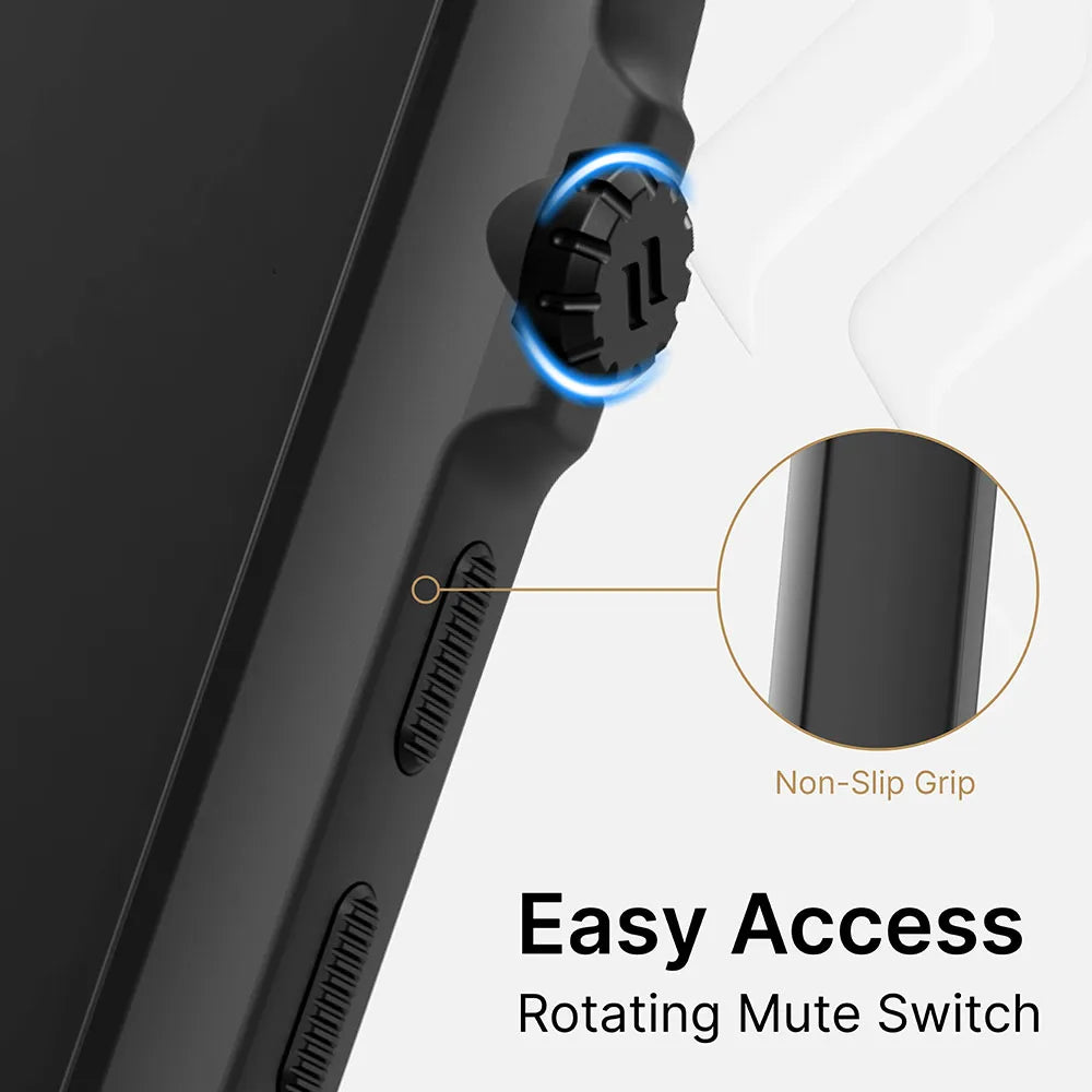 Close-up of Catalyst Case US Impact Protection Case for iPhone 11 Pro Max: a textured circular rotating mute switch with blue glow, plus two lengthy volume buttons. Impact-resistant design ensures durability. Text: “Easy Access Rotating Mute Switch.”.