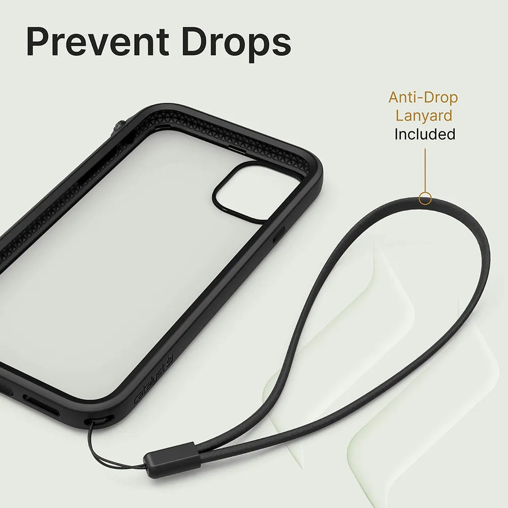 The Catalyst Case US iPhone 11 Pro Max - Impact Protection Case, shown on a light background, features a black, impact-resistant design with an attached anti-drop lanyard. Text reads “Prevent Drops” and “Anti-Drop Lanyard Included” with an arrow to the lanyard.