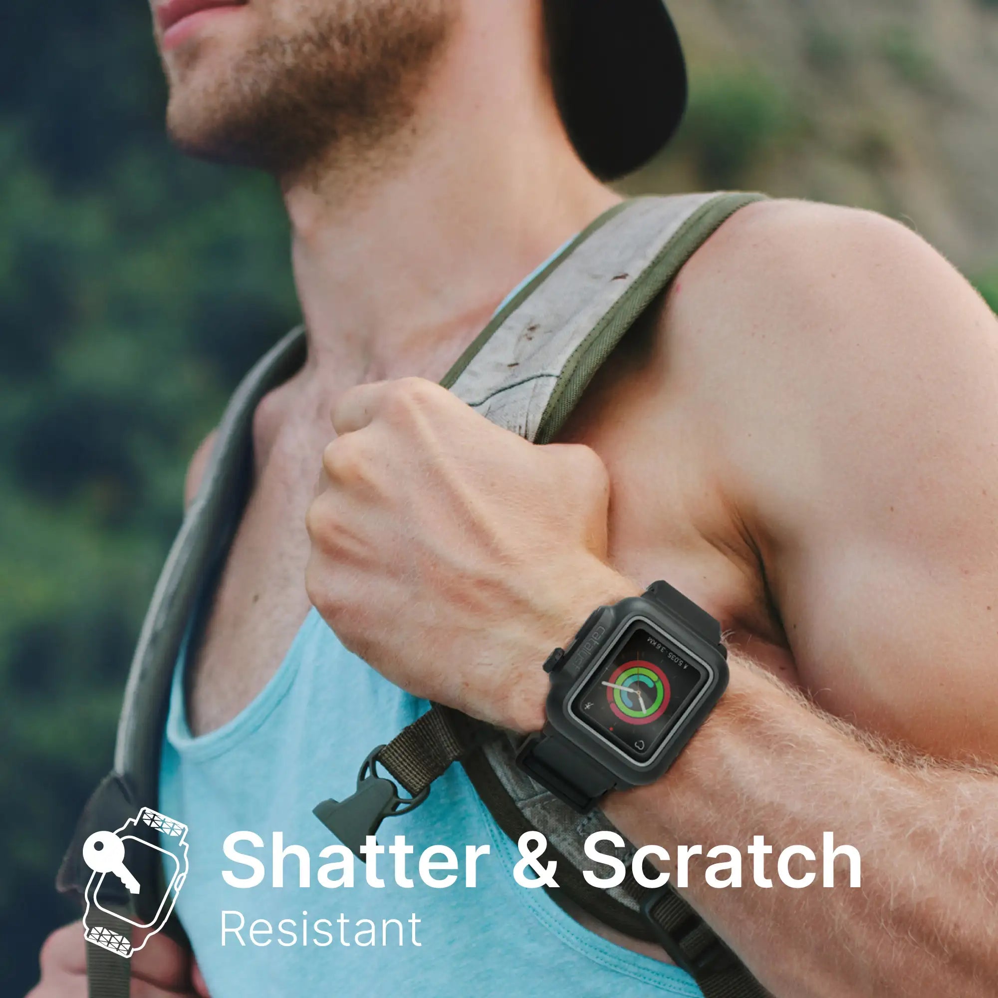 Outdoors, a person with a backpack shows an Apple Watch Series 3/2/1/0 (42mm) featuring the Catalyst Case US rugged black screen protector. Text reads “Shatter & Scratch Resistant,” with a smartwatch icon in the lower left corner.