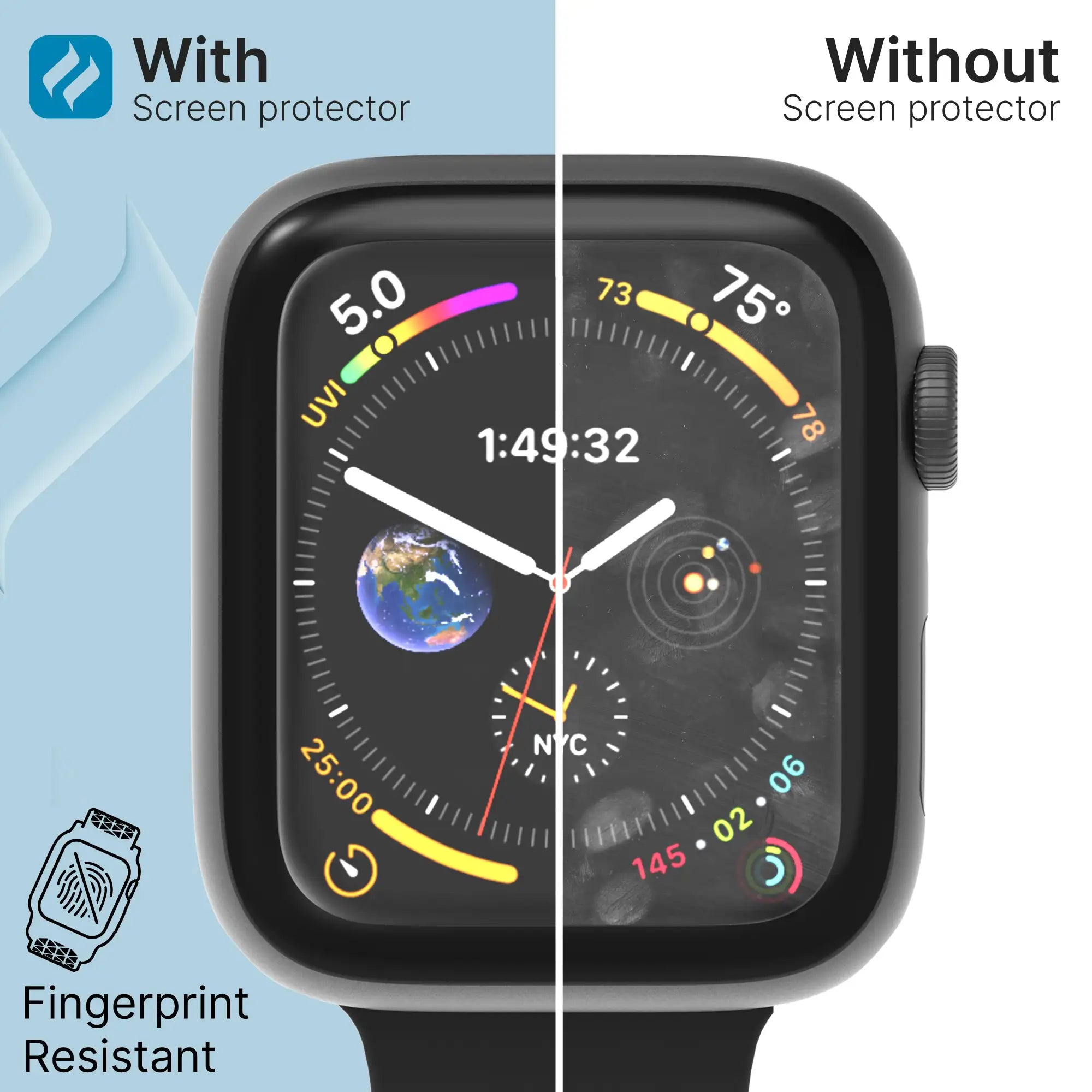 A 42mm Catalyst Case US Screen Protector for Apple Watch Series 3/2/1/0 keeps your watch face clear—left side "With Screen Protector" looks spotless, while the right "Without" is covered in smudges. Fingerprint resistant.