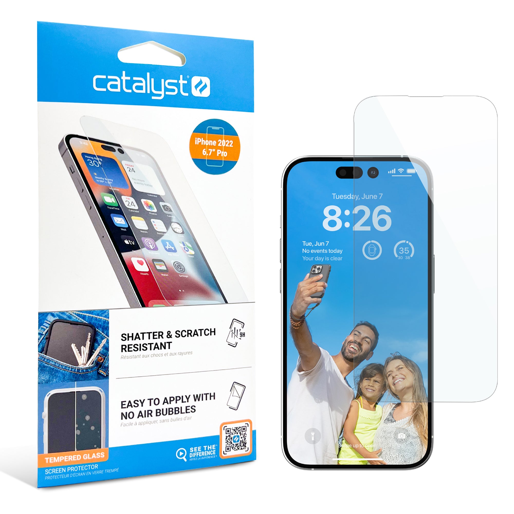 A Catalyst Case US iPhone 14 Pro Max - Tempered Glass Screen Protector sits in its package beside an iPhone, which displays a smiling family selfie and has the shatter-resistant screen protector partially applied. The packaging lists protection features.
