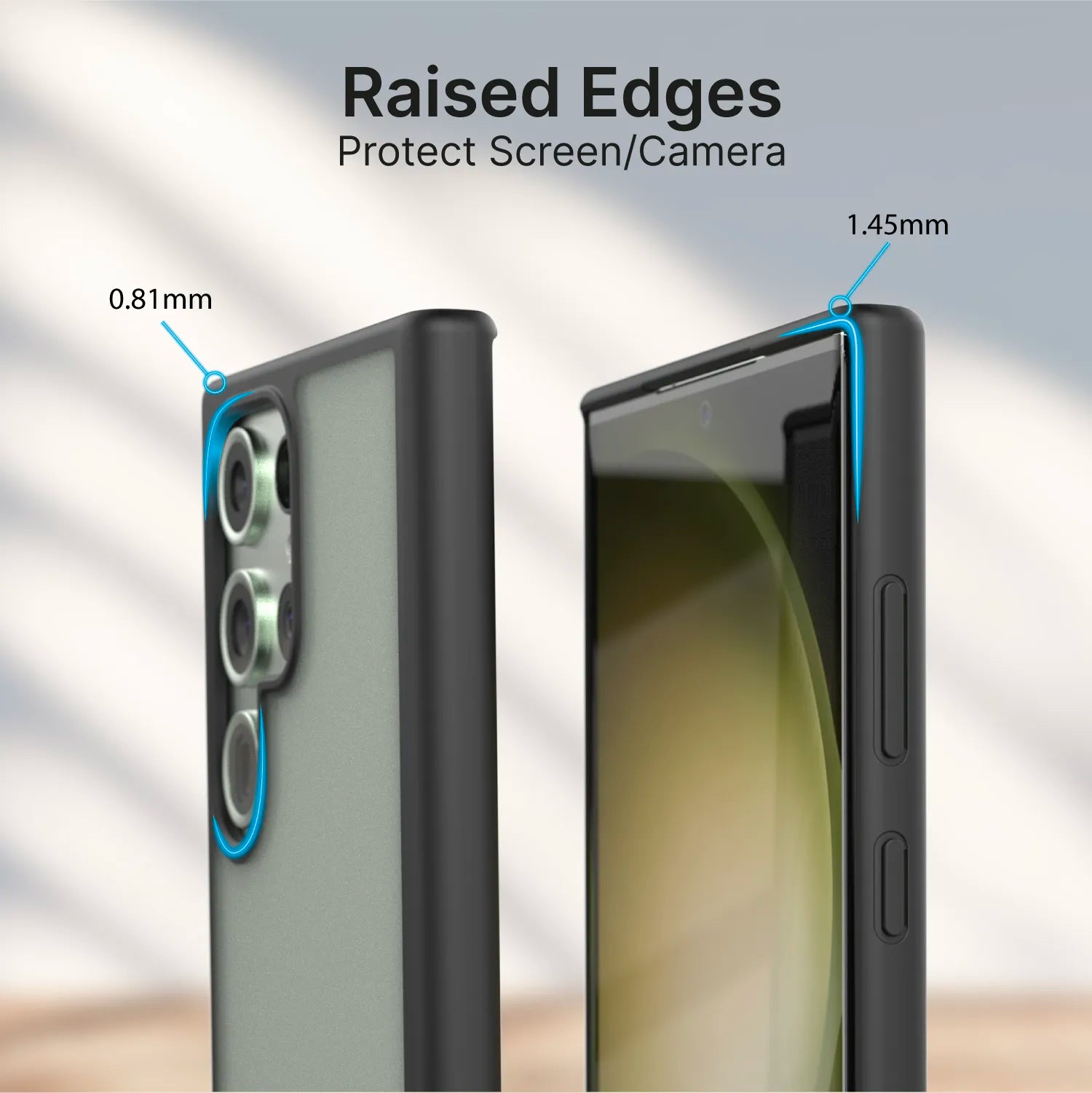 A Samsung Galaxy S23 Ultra in a Catalyst Case US Impact Protection Case appears from front and back. Blue lines show raised edges—1.45mm around the screen, 0.81mm at the camera—with text "Raised Edges Protect Screen/Camera." Background is blurred.