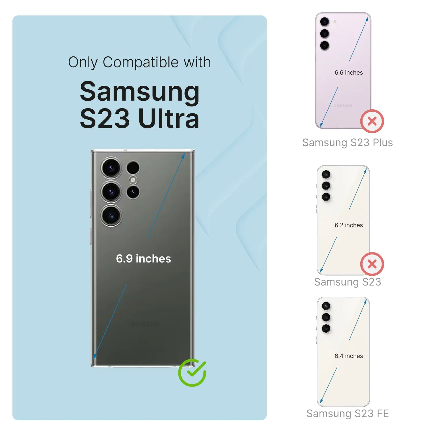 A graphic shows that the Catalyst Case US Impact Protection Case fits only the Samsung Galaxy S23 Ultra (6.9"), with a green checkmark. S23 Plus (6.6"), S23 (6.2"), and S23 FE display red Xs to show they're incompatible.