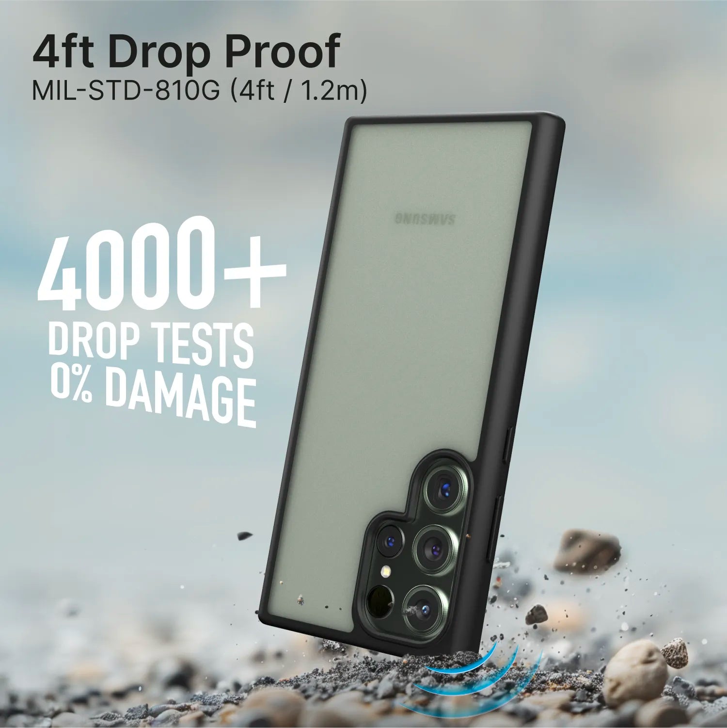A Samsung Galaxy S23 Ultra with a Catalyst Case US black Impact Protection Case lies face down on pebbles. Text reads “4ft Drop Proof MIL-STD-810G” and “4000+ Drop Tests 0% Damage.” The rugged case shields the camera for extra protection.