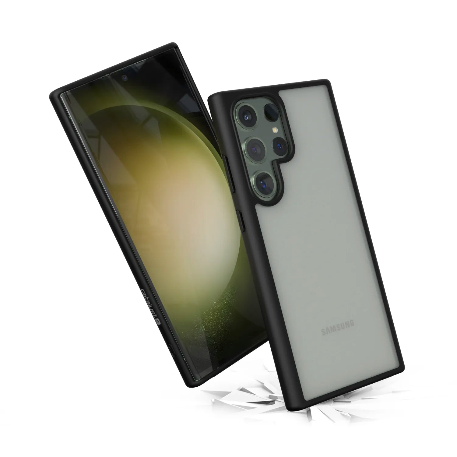 Two Samsung Galaxy S23 Ultra phones, one showing the display and the other the back in a Catalyst Case US Impact Protection Case (frosted translucent black with reinforced corners) rest on cracked ground, showcasing its durable protection.