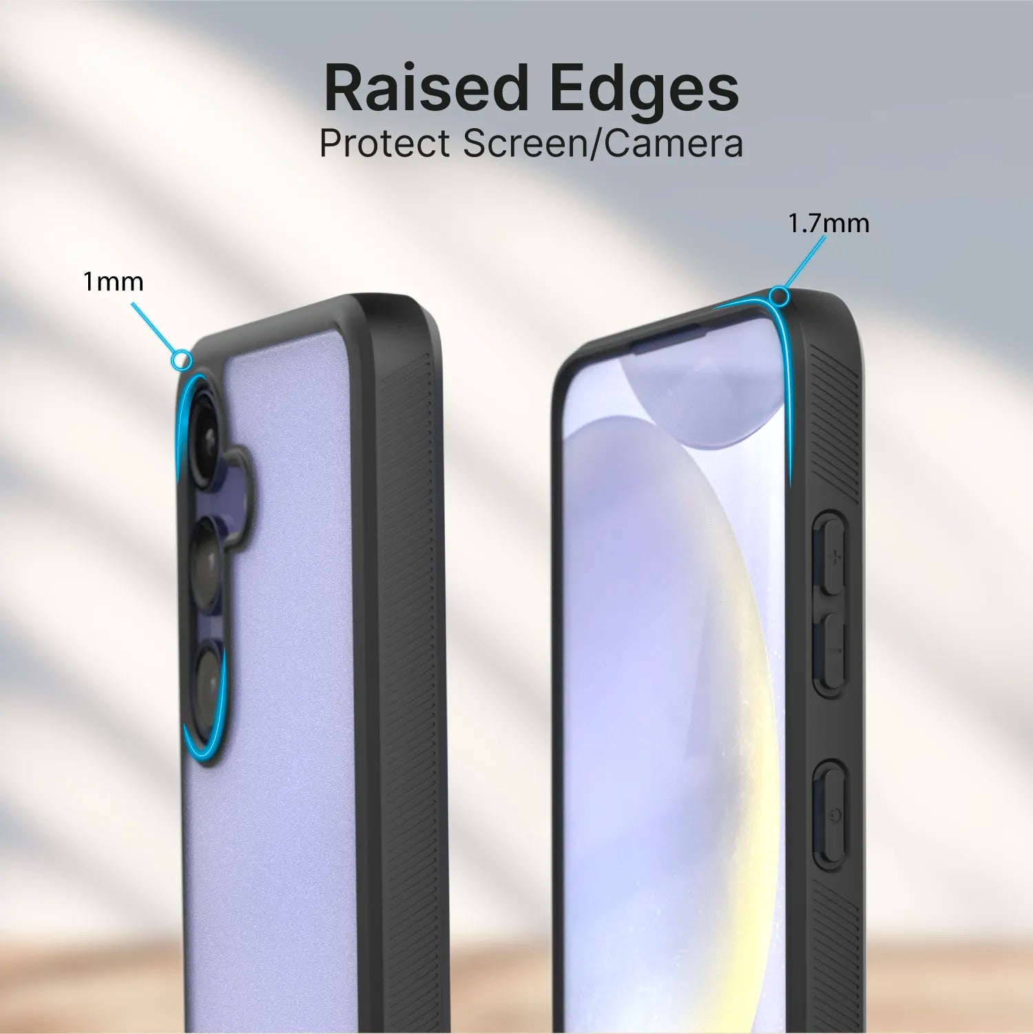 The image shows two black Catalyst Case US Impact Protection Cases for the Samsung Galaxy S24: one highlights a 1mm raised camera edge and the other a 1.7mm raised screen edge, with text: "Raised Edges Protect Screen/Camera.