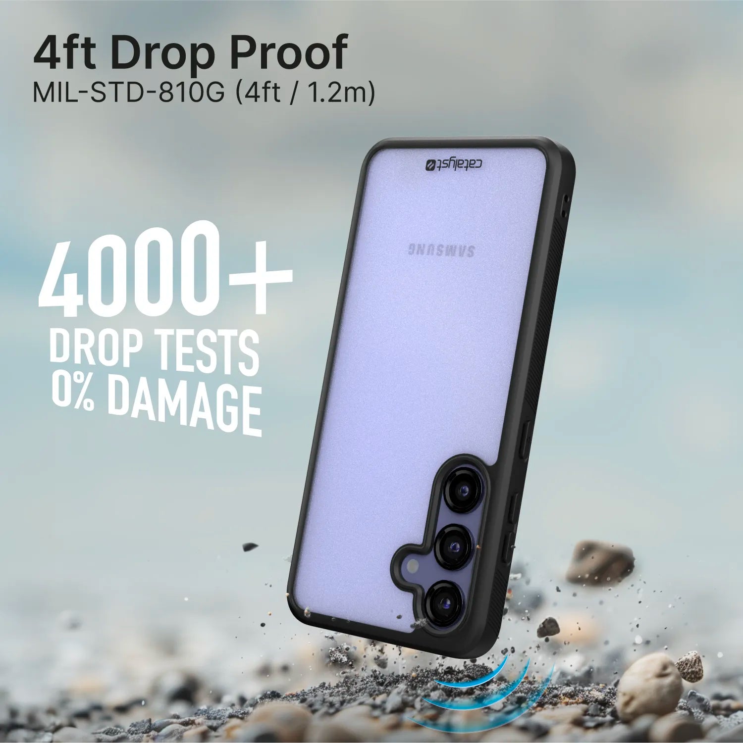 A Samsung Galaxy S24 in a Catalyst Case US Impact Protection Case lands on rocky ground. Text: “4ft Drop Proof MIL-STD-810G (1.2m), 4000+ Drop Tests, 0% Damage.” Blurred background highlights the phone and pebbles.