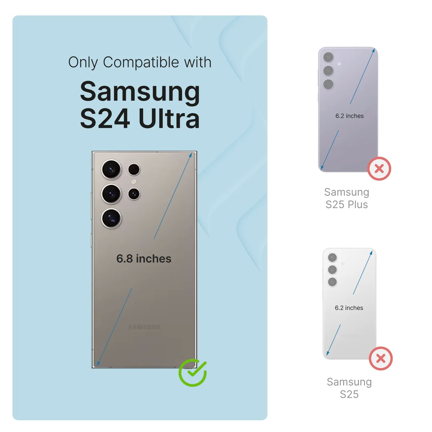 Comparison graphic: Only the 6.8" Samsung Galaxy S24 Ultra is compatible (green check) with the Catalyst Case US Impact Protection Case. The 6.2" Samsung S25 Plus and S25 show red Xs to indicate incompatibility.