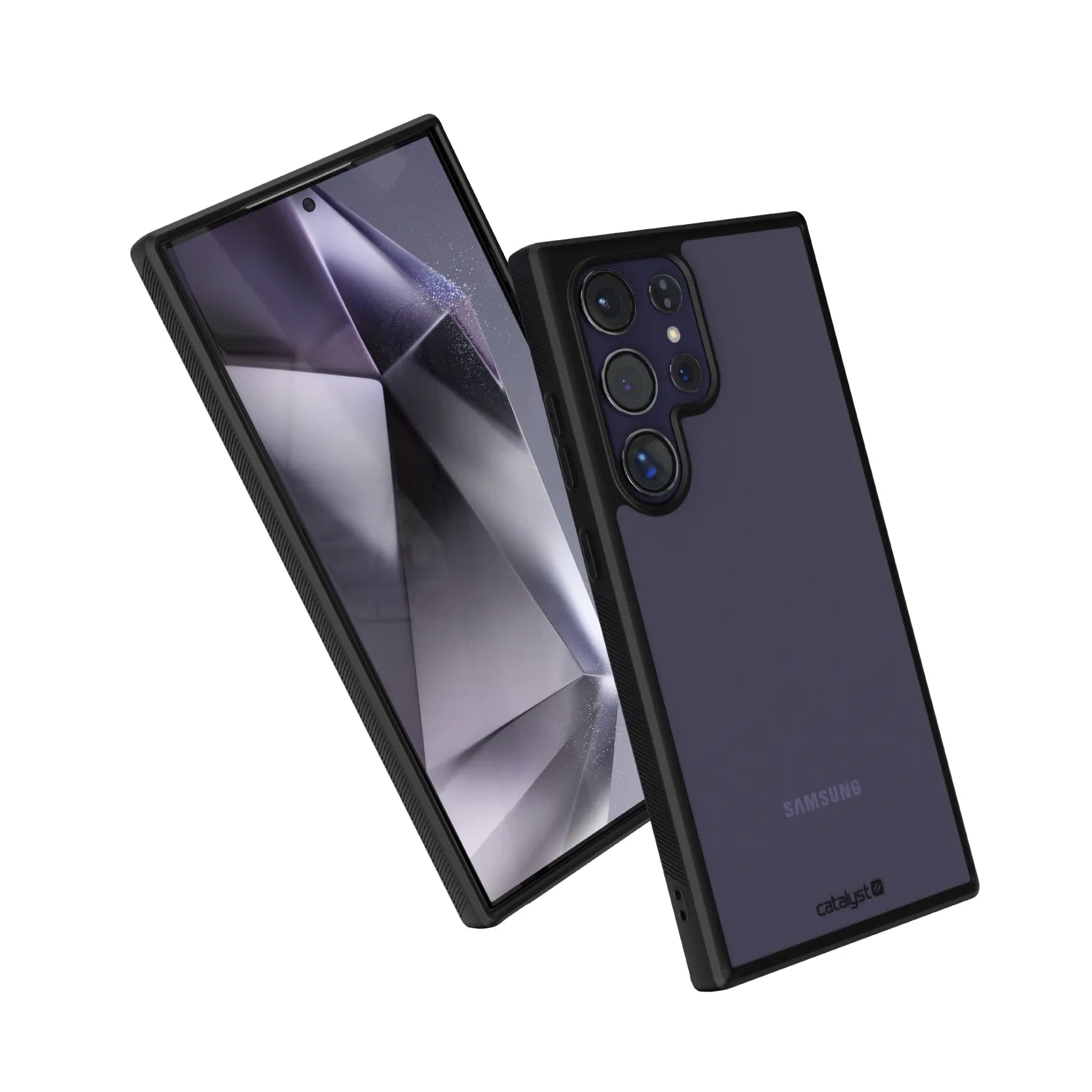 Two Samsung Galaxy S24 Ultra phones in Catalyst Case US Impact Protection Cases (Black) are shown: one displays a geometric abstract wallpaper, the other shows the back with multiple cameras and the Samsung logo, both highlighting their slim design.