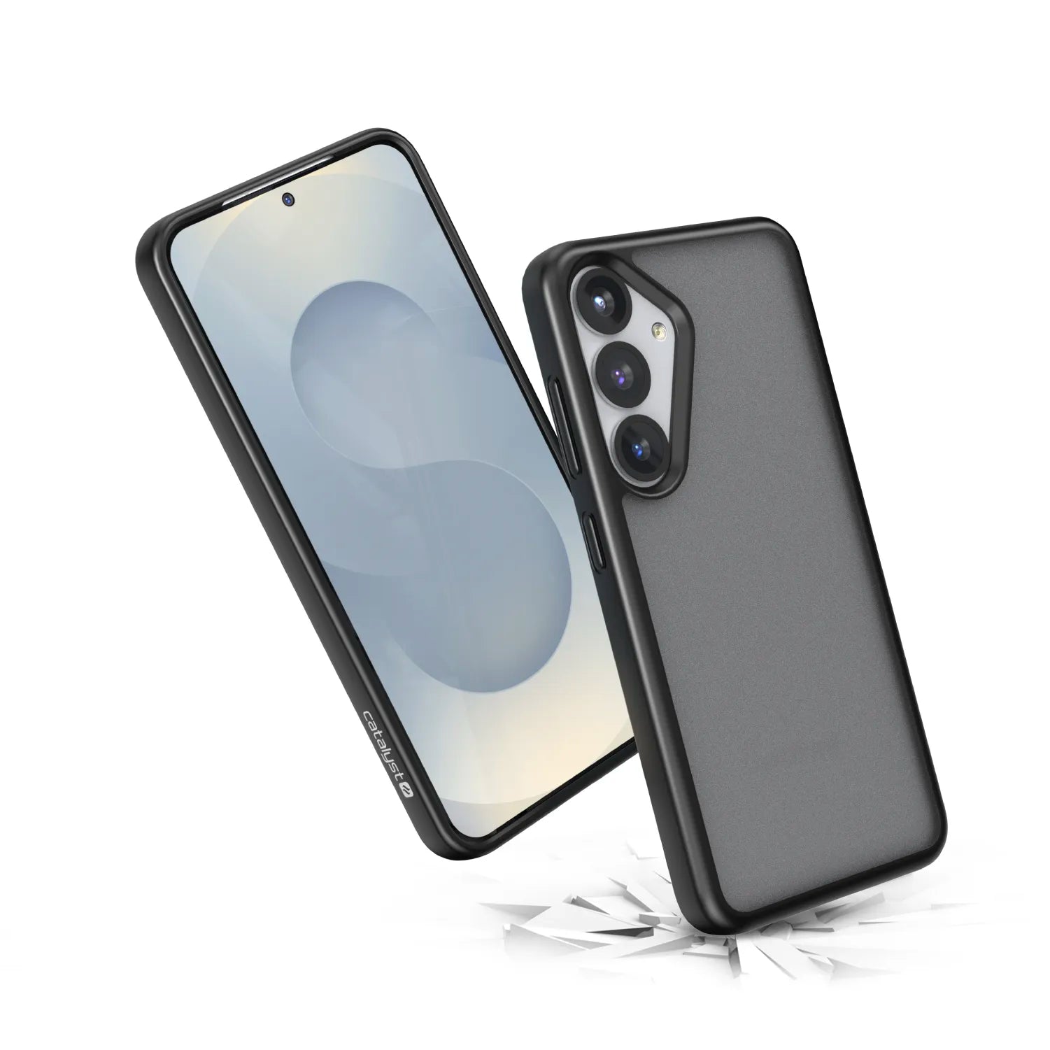 Two Samsung Galaxy S25 smartphones are shown with Catalyst Case US Impact Protection Cases (Pre-Order): one features a circular abstract design, the other displays its matte back and triple camera, landing on a cracked surface to highlight impact protection.
