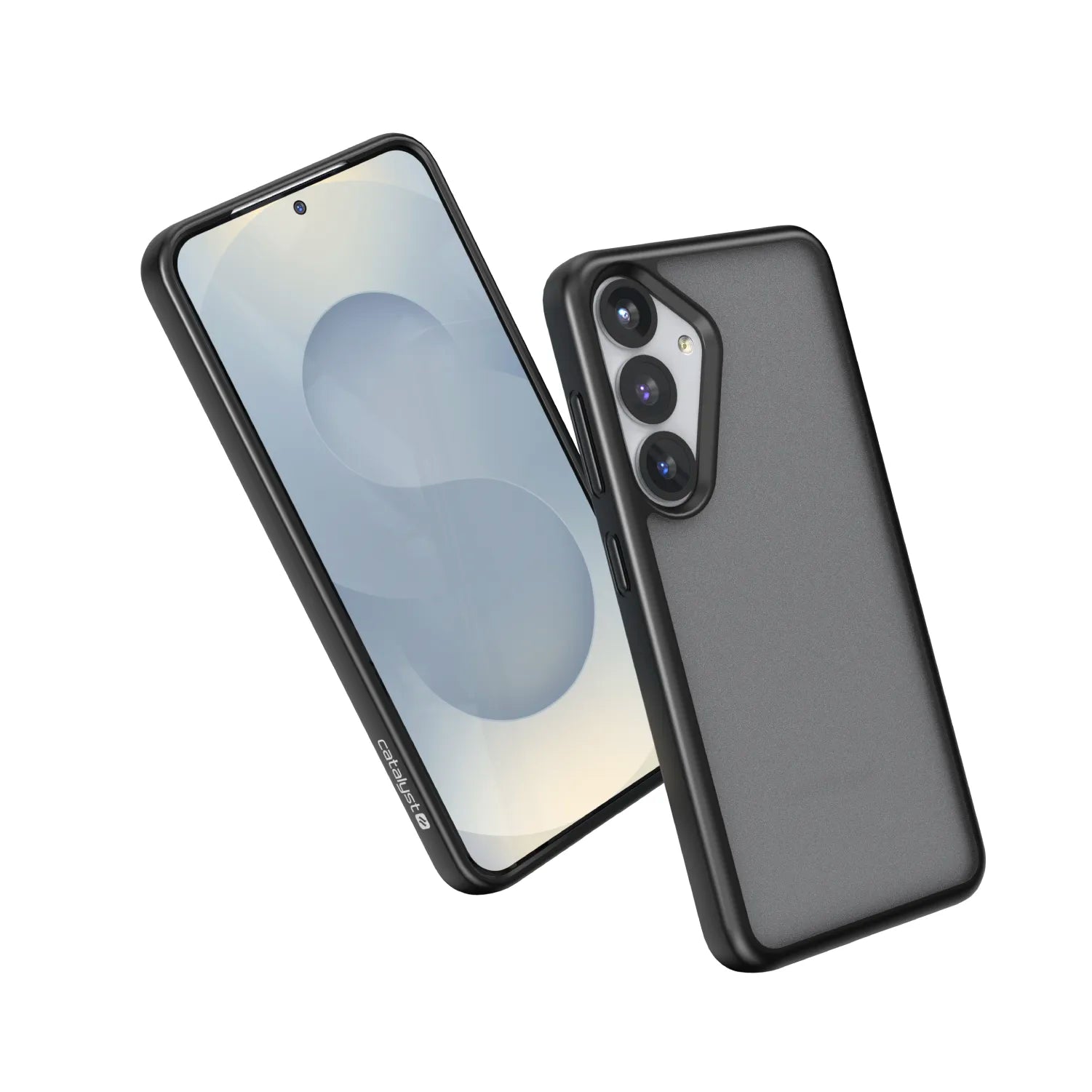 Two Samsung Galaxy S25 phones in slim black Catalyst Impact Protection Cases (Pre-Order) are shown: one displays a faint "S" on its screen, the other shows triple cameras. Both appear against a plain white background for a modern look.