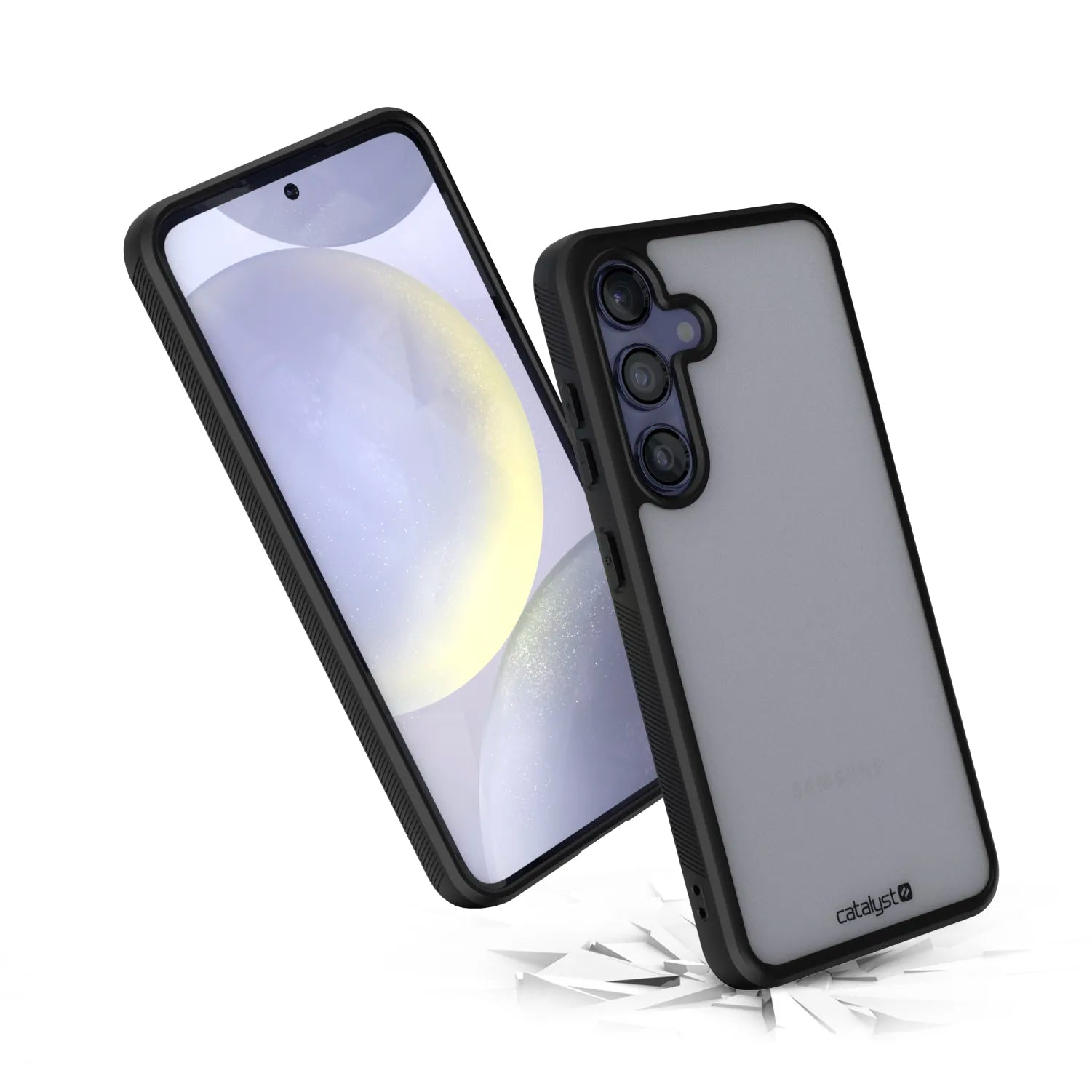 Two Samsung Galaxy S24 phones are shown: one faces forward with a pastel abstract wallpaper, the other reveals a frosted gray back, triple cameras, and a black Catalyst Case US Impact Protection Case. Cracked glass appears beneath the phone’s corner.