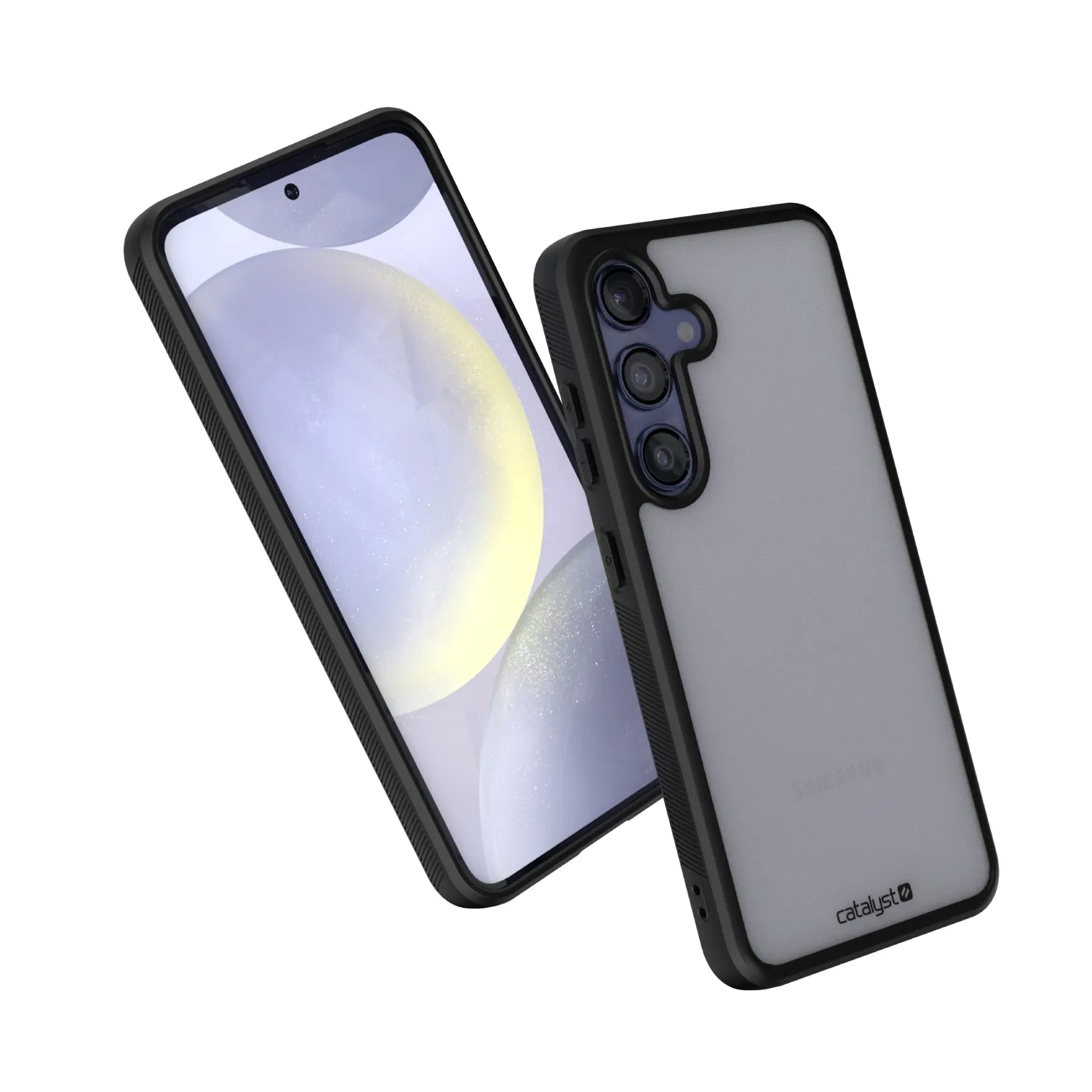 Two Samsung Galaxy S24 smartphones in black Catalyst Case US Impact Protection Cases are shown. One displays a gray and yellow abstract wallpaper, while the other shows the frosted back with three cameras and the Catalyst logo.