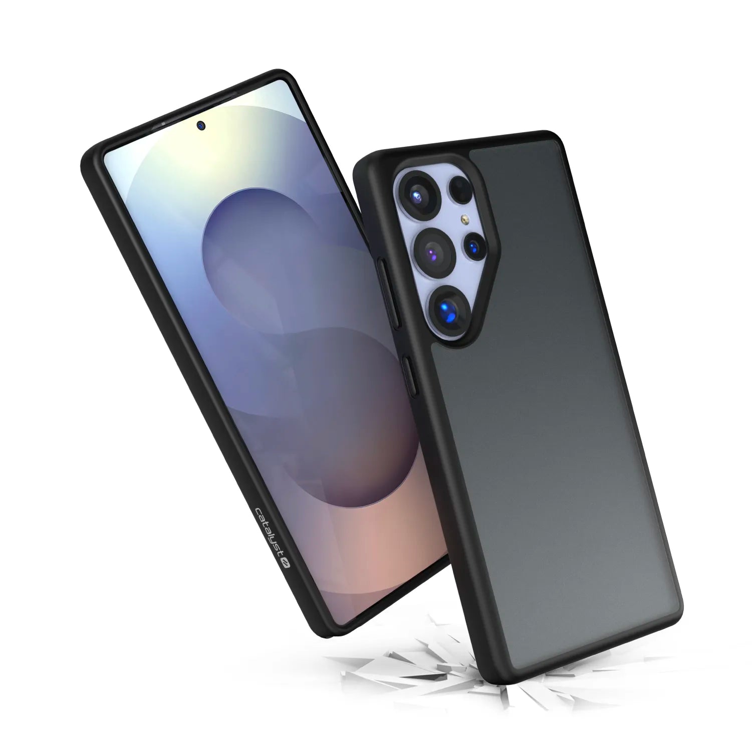 Two Samsung Galaxy S25 Ultra phones in Catalyst Case US Impact Protection Cases (Pre-Order): one displays the front with a camera cutout; the other shows the back, featuring three large and one small lens. Shockproof design shown with cracked ground below.
