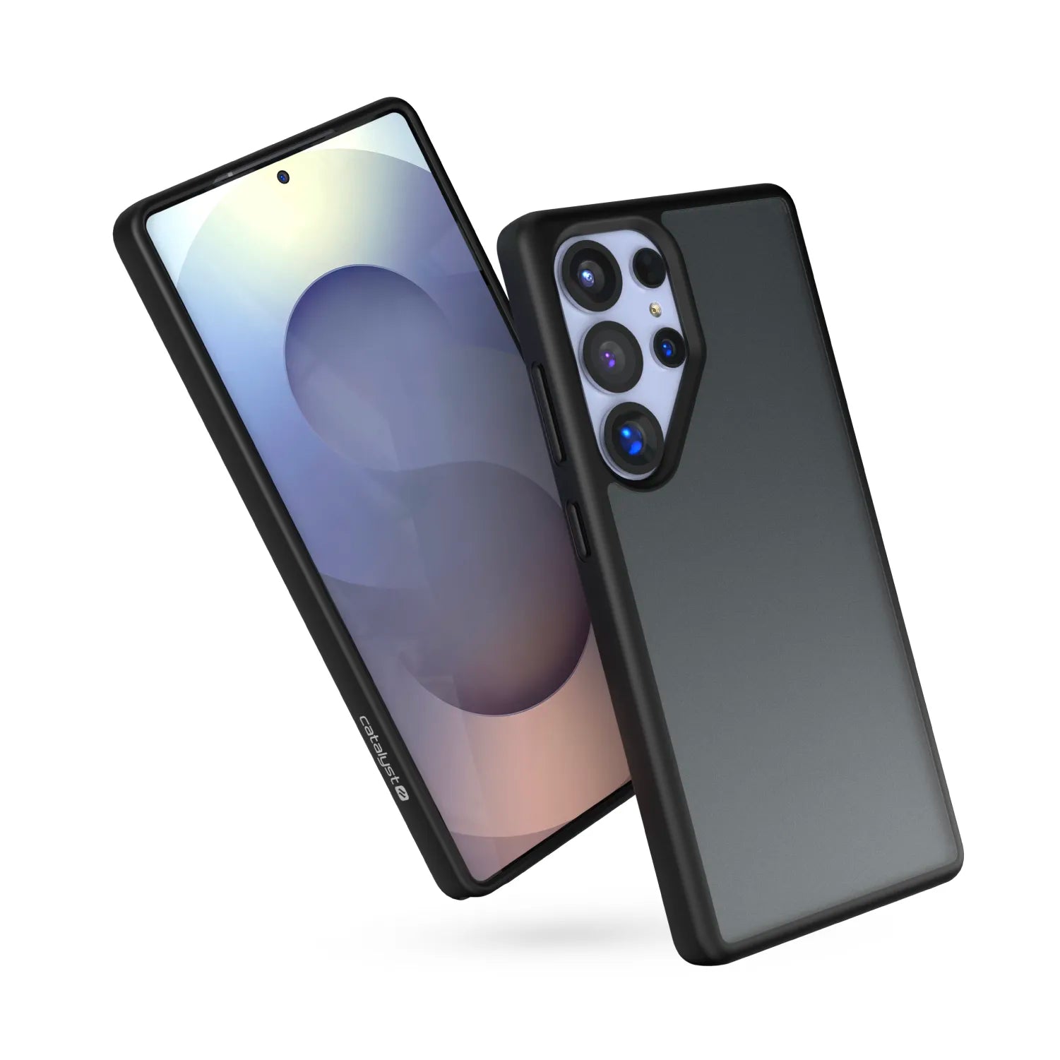 Two Samsung Galaxy S25 Ultra phones with Catalyst Case US Impact Protection Cases are shown: one displays an abstract wallpaper, while the other reveals a matte black camera case with triple rear lenses and flash. Pre-order now.