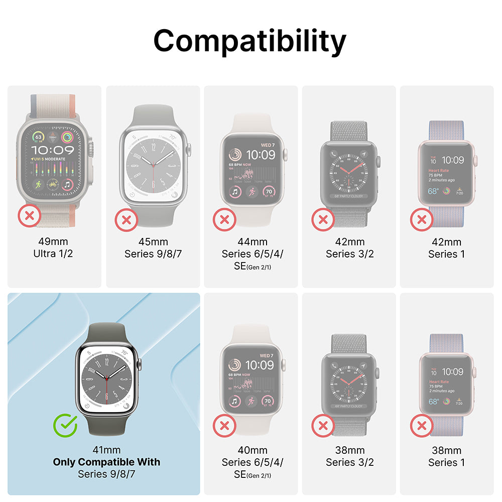 Compatibility chart for Catalyst Case US 41mm Screen Protector (2 pack) shows only the 41mm Apple Watch Series 9/8/7 (bottom left, blue background with green checkmark) is compatible; all others have red Xs and are not supported.