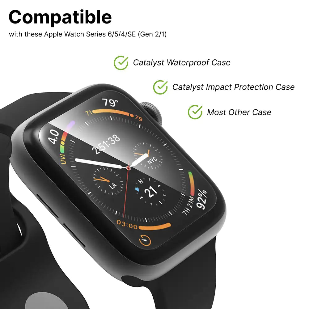 Close-up of a black Apple Watch (Series 6/5/4/SE Gen 2/1, 40mm) with sleek band and modern analog face. Text shows Catalyst Case US Screen Protector (2 Pack) is compatible with Catalyst Waterproof, Impact Protection, and most other cases.
