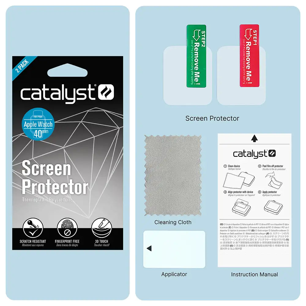 The image displays Catalyst Case US 40mm Screen Protector (2 Pack) for Apple Watch Series 6/5/4/SE, showing two protectors with red and green tabs, a cleaning cloth, applicator, and manual neatly arranged on a light blue background.